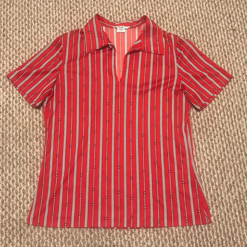 VTG 70s Mardi Modes red black white retro bowling shirt graphic geometric print - Picture 2 of 8